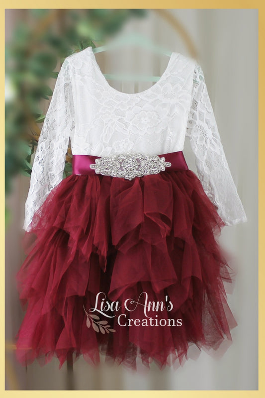 Burgundy flower girl dress in knee length tiered style