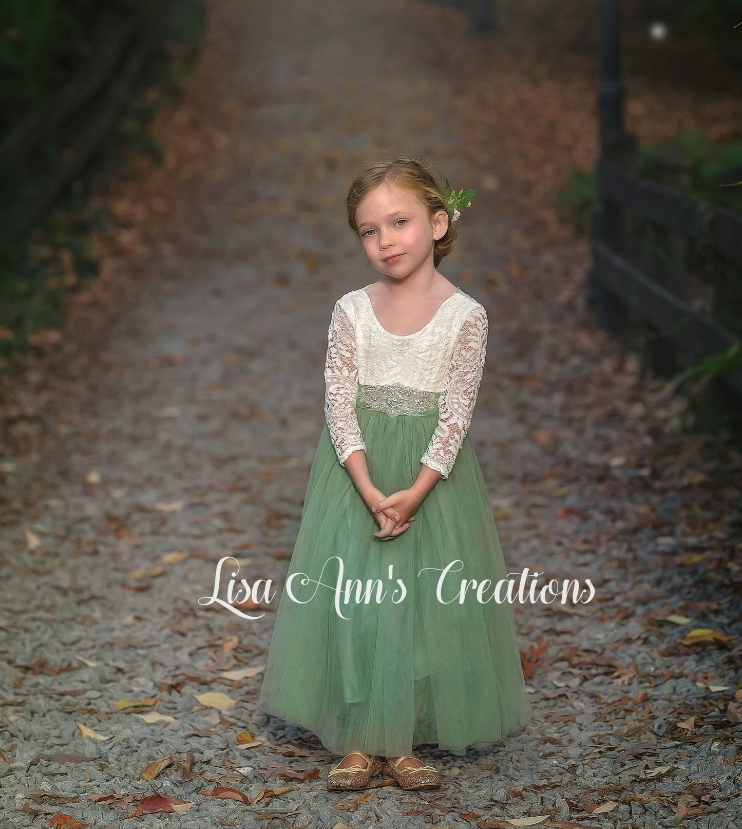 Sage Flower girl dress in tulle and white lace