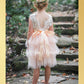 Sleeveless light peach flower girl dress in tulle and white lace