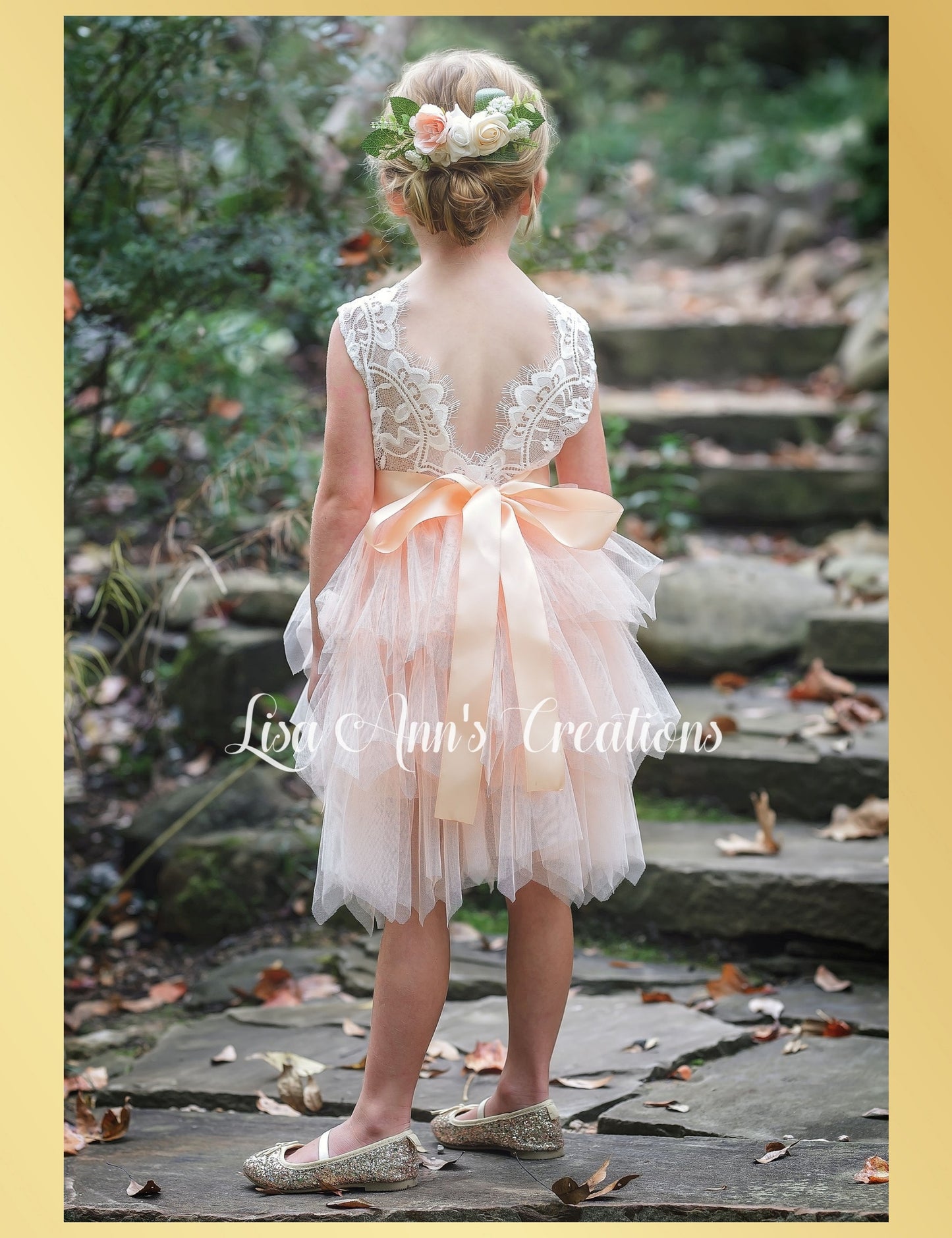 Sleeveless light peach flower girl dress in tulle and white lace