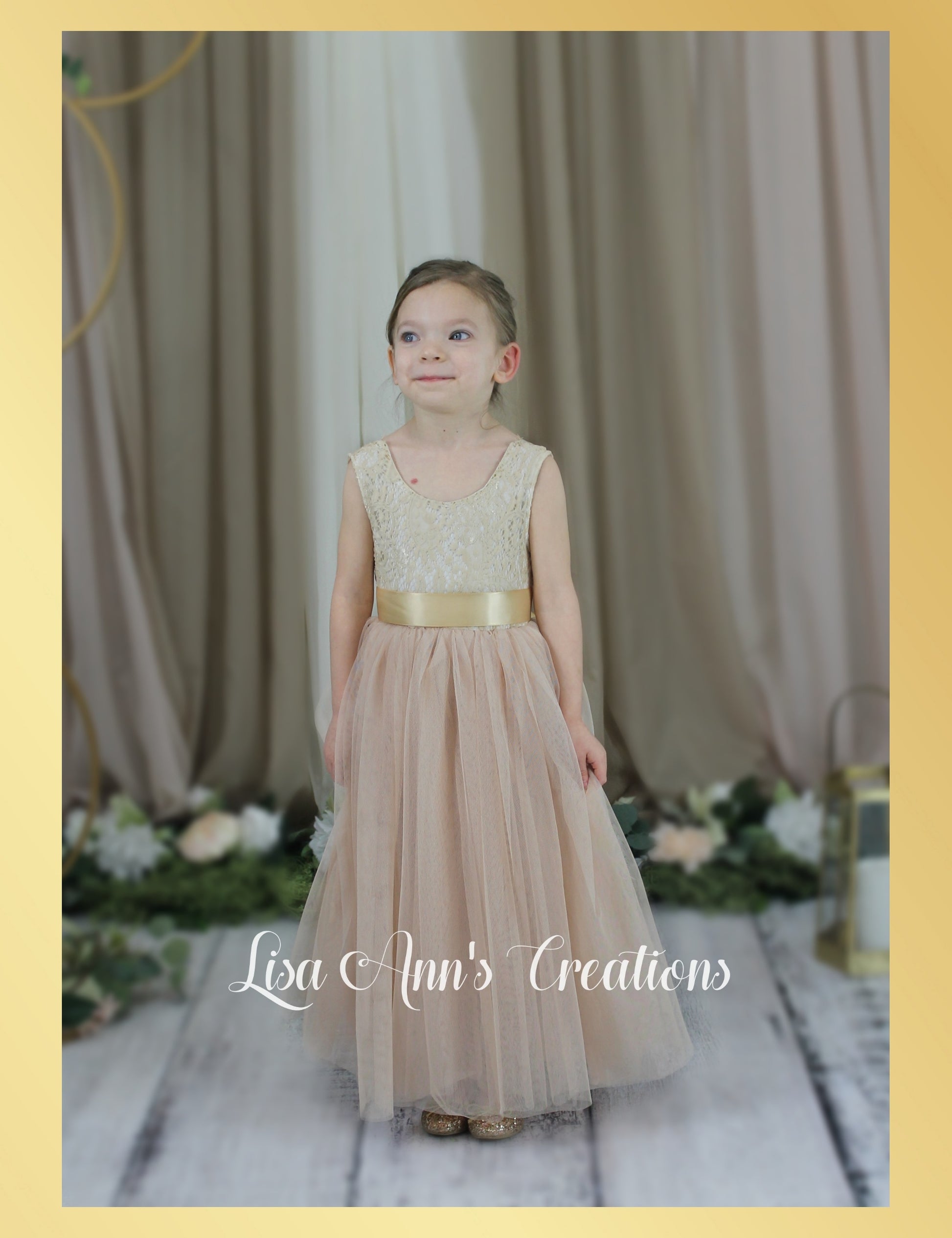 Bohemian flower girl dress sleeveless lace with champagne tulle in full length