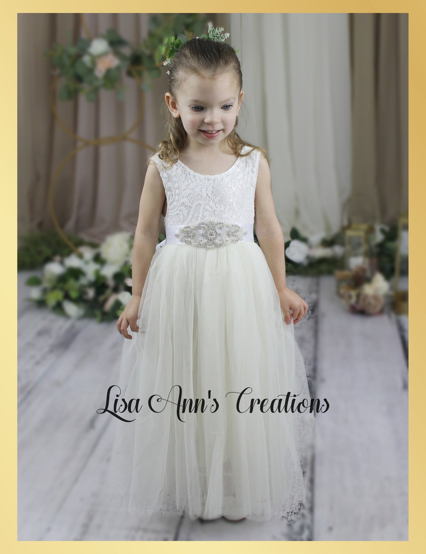 Flower girl dress Ivory tulle sleeveless white lace and full length