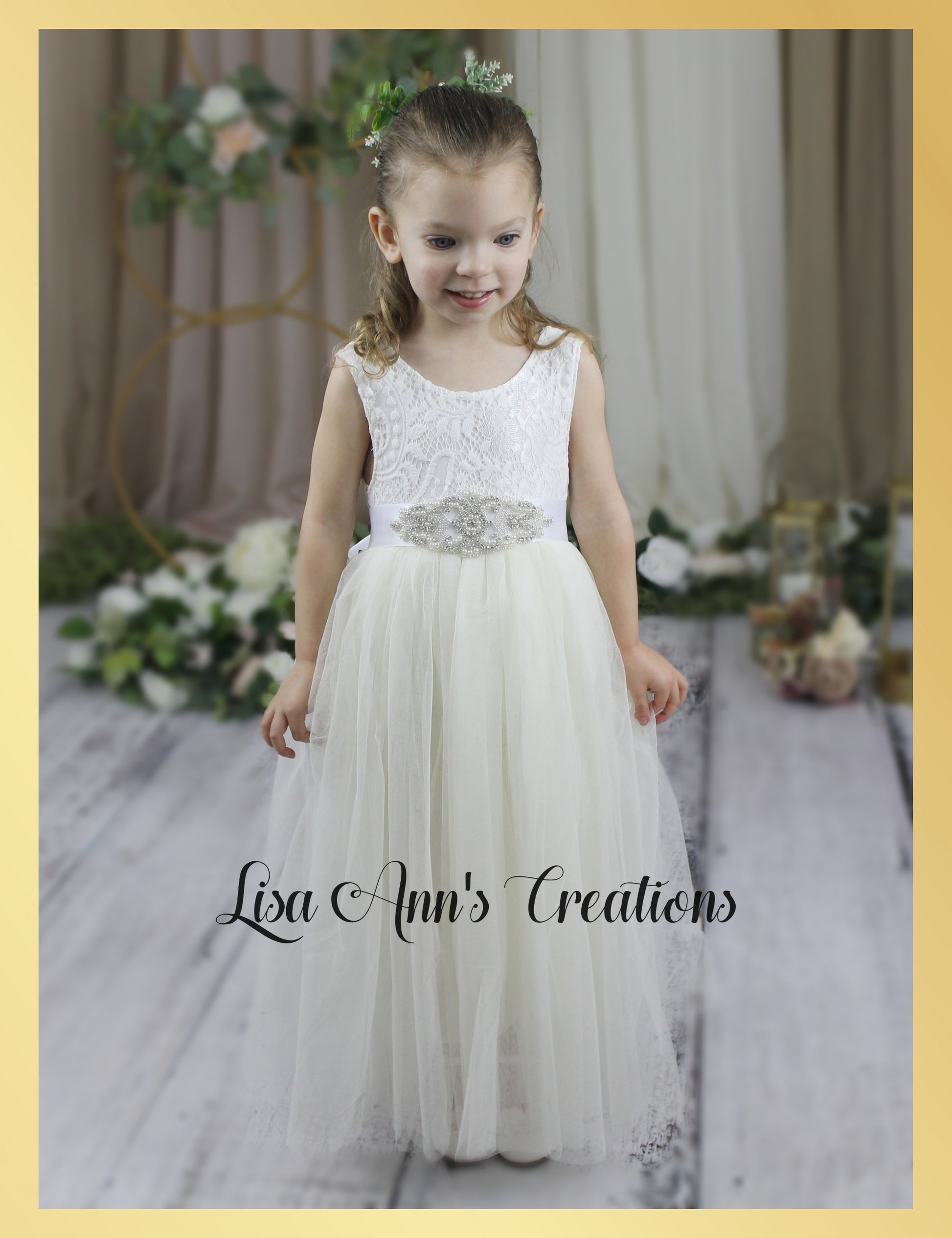 Flower girl dress Ivory tulle sleeveless white lace and full length