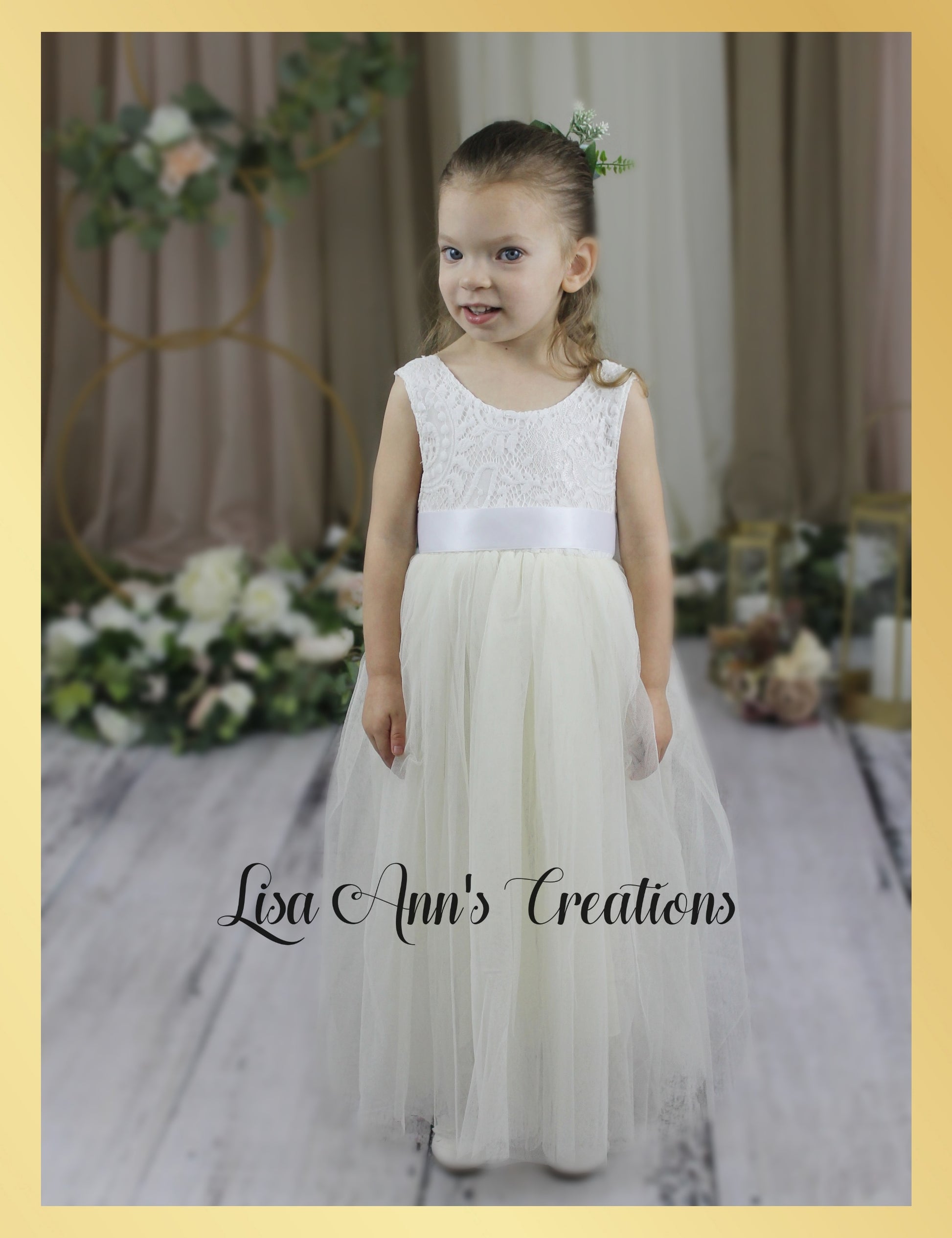boho Ivory flower girl dress sleeveless white lace and full length tulle