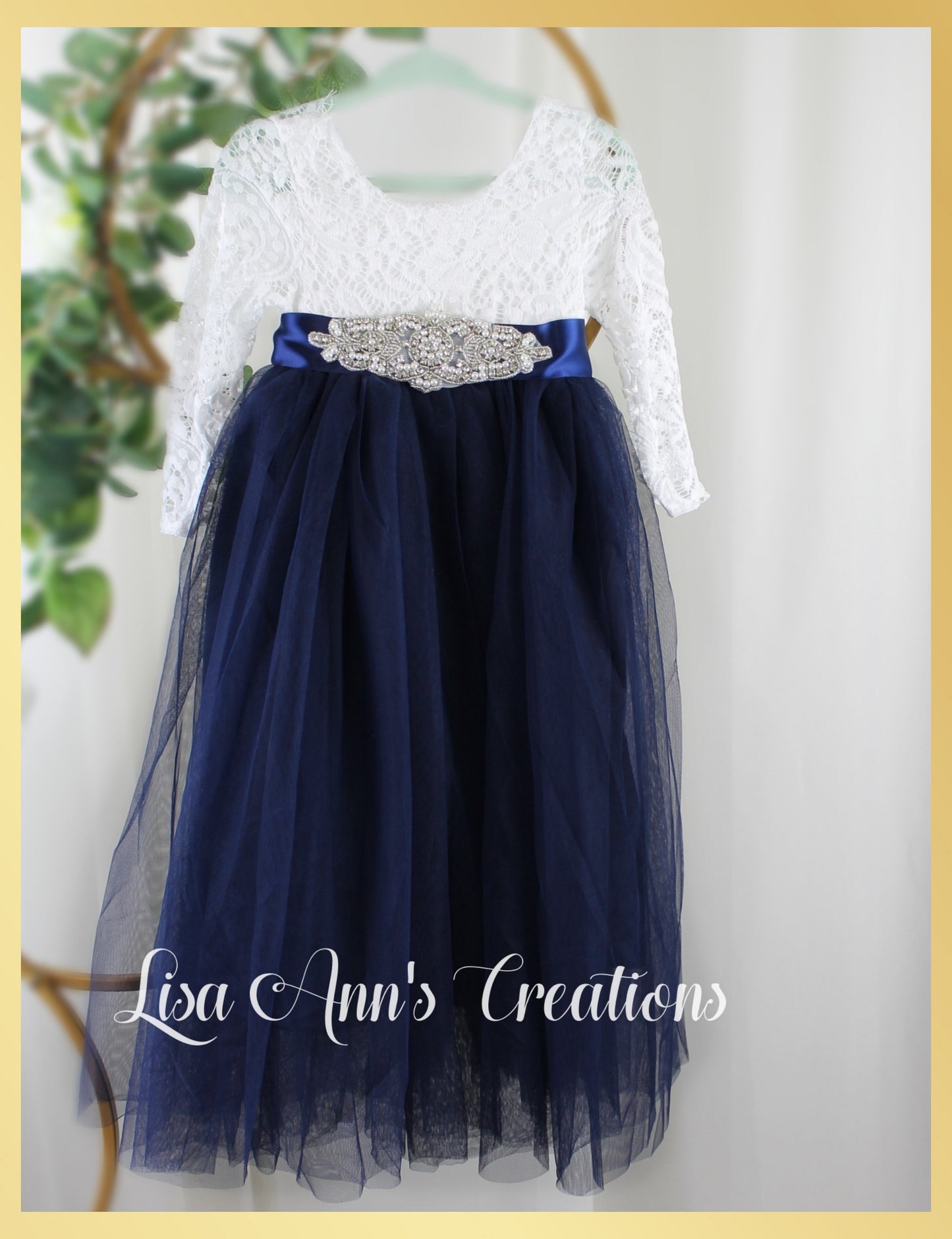 Navy Blue flower girl dress with white lace long sleeves and full length navy tulle