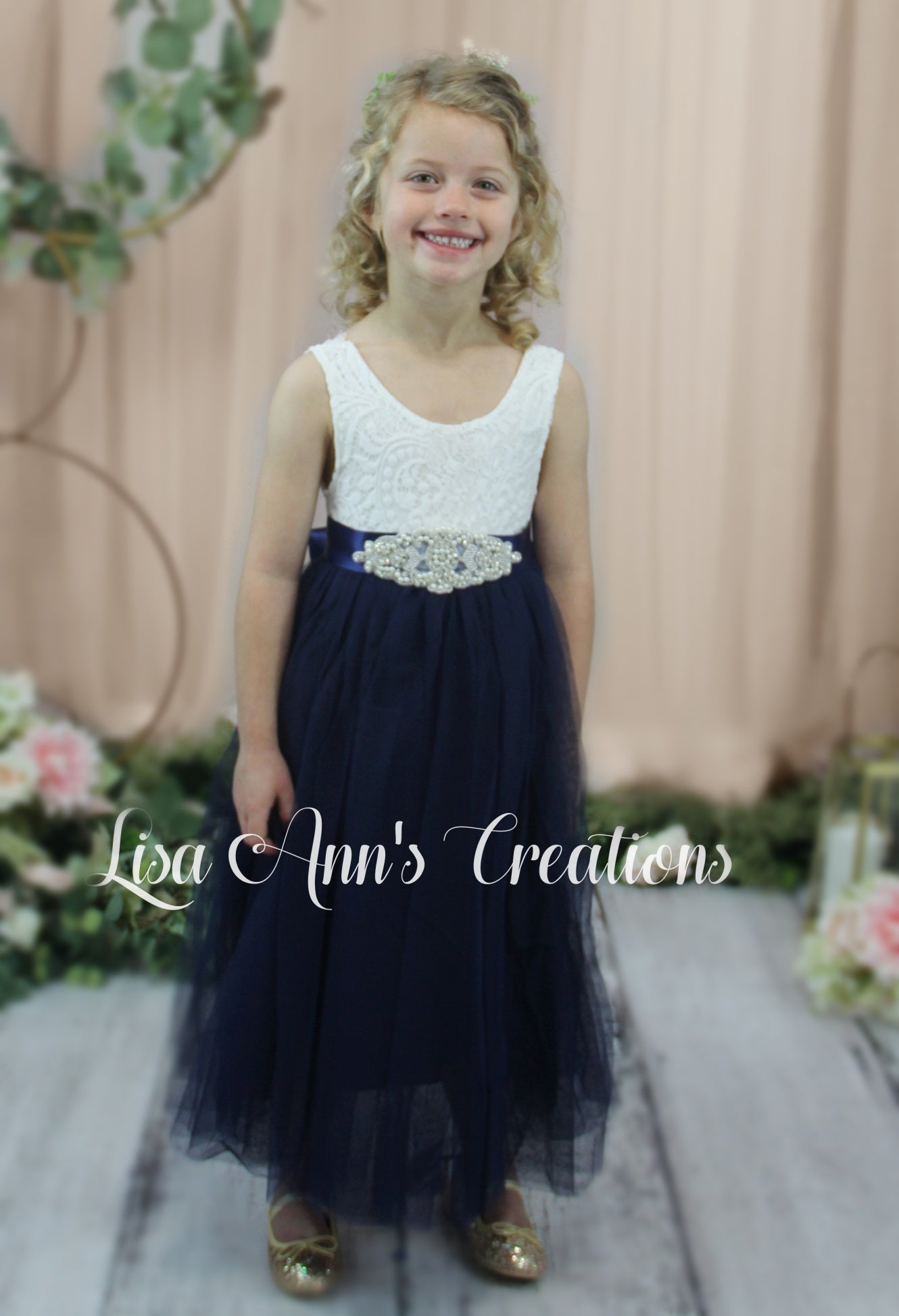 Bohemian flower girl dress navy tulle sleeveless full length dress