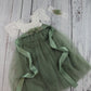 Sage flower girl dress in short sleeve white lace with full length tulle