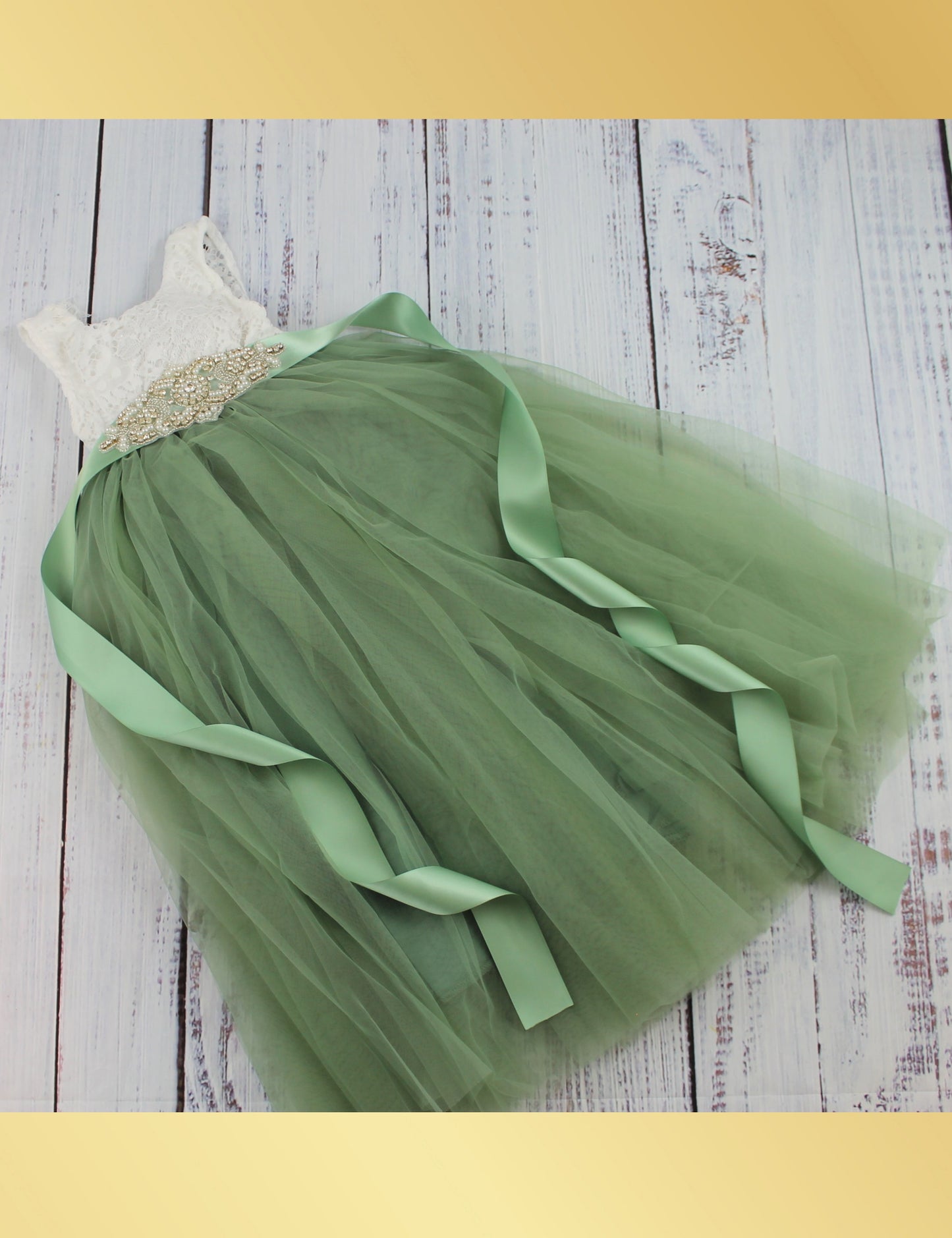 sleeveless flower girl dress in sage with white sleeveless lace