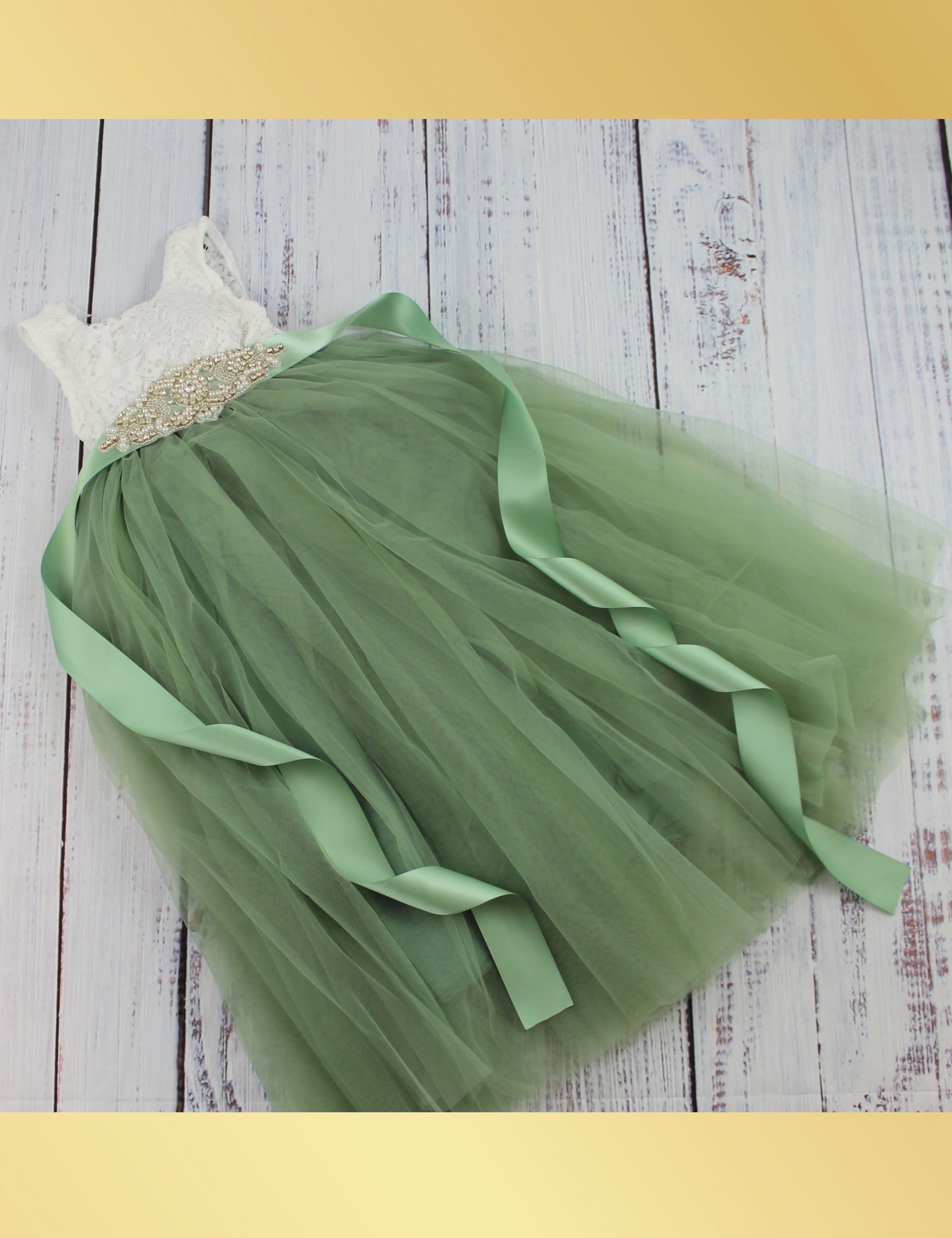 sleeveless flower girl dress in sage with white sleeveless lace