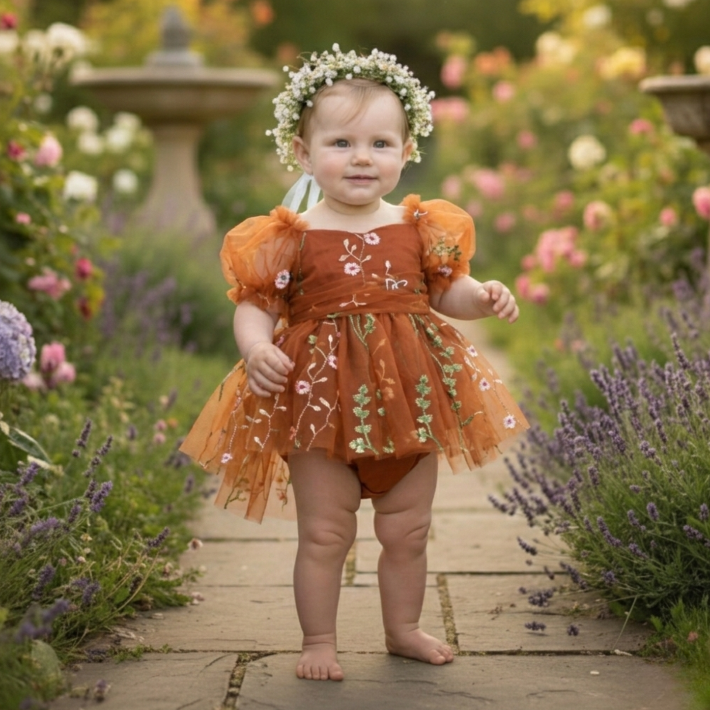 baby girl flower girl dress in burnt orange floral