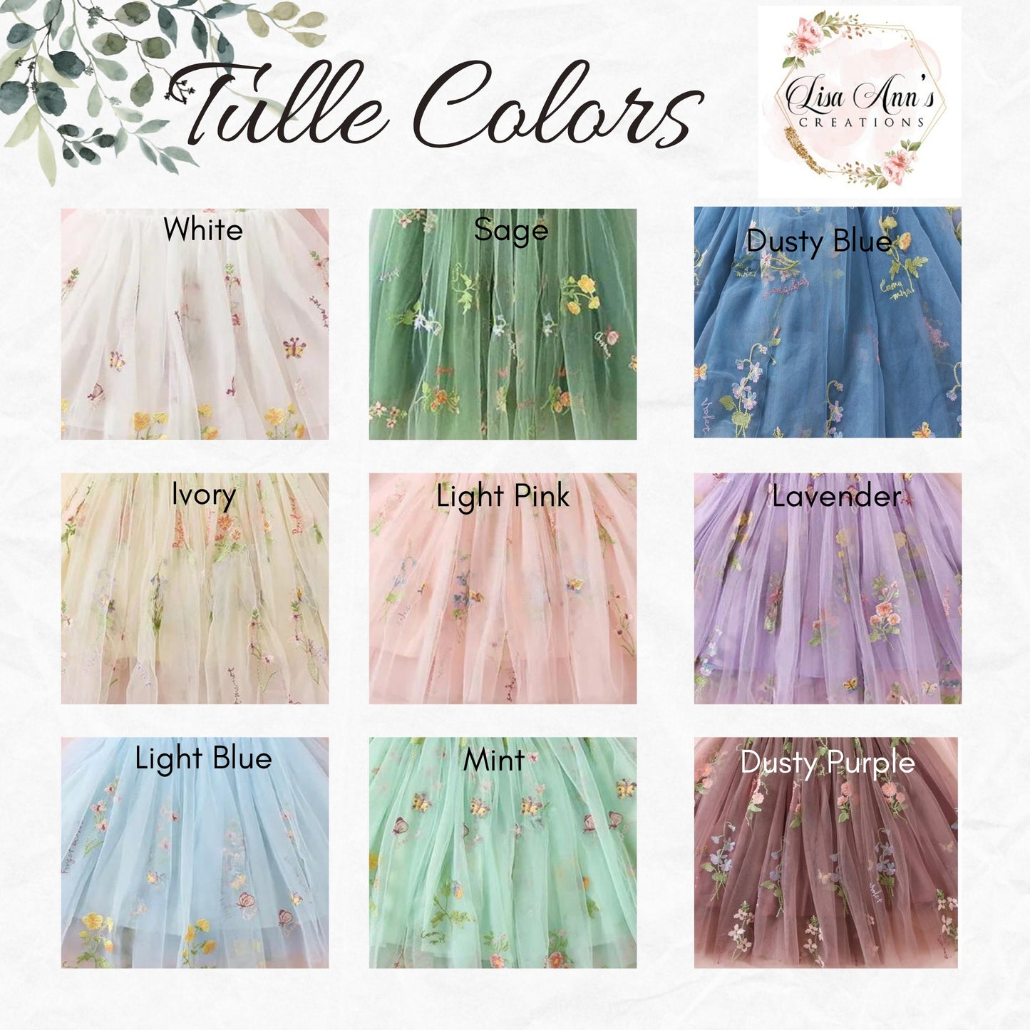 Color swatches of tulle fabric with labels for various colors and 'Lisa Ann's Creations' branding.