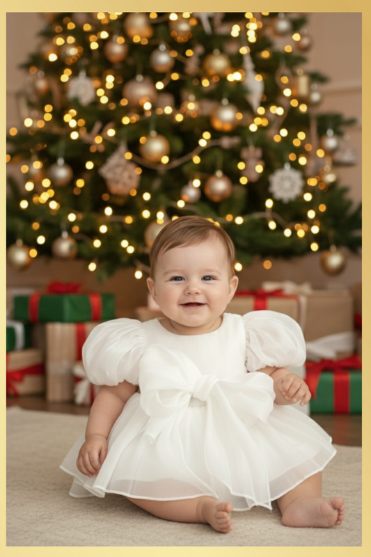 Baby Girls white Christmas romper dress for holiday parties and family photos. In a short puffy sleeve style with shiny organza material for a short midi thigh style