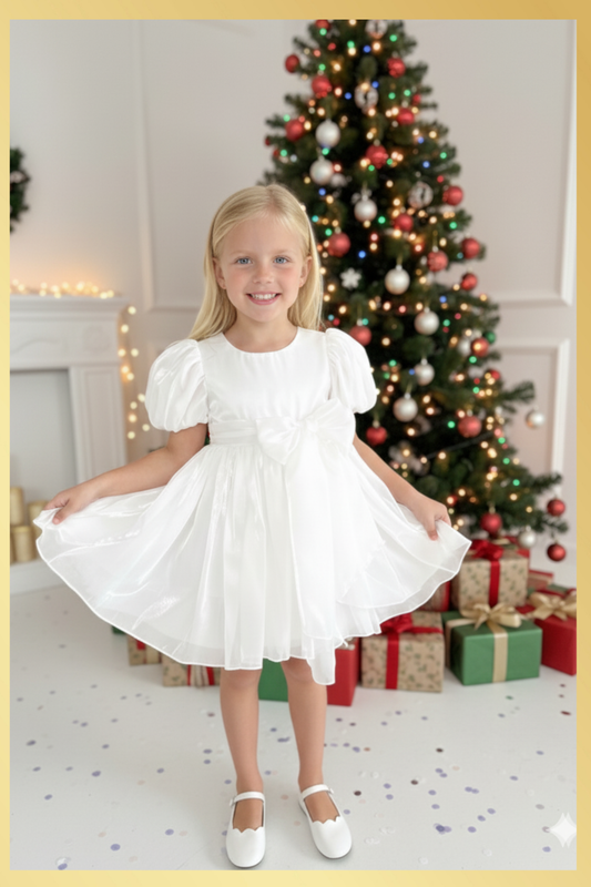 Girls white Christmas dress for holiday parties and family photos. In a short puffy sleeve style with shiny organza material for a knee length look. 