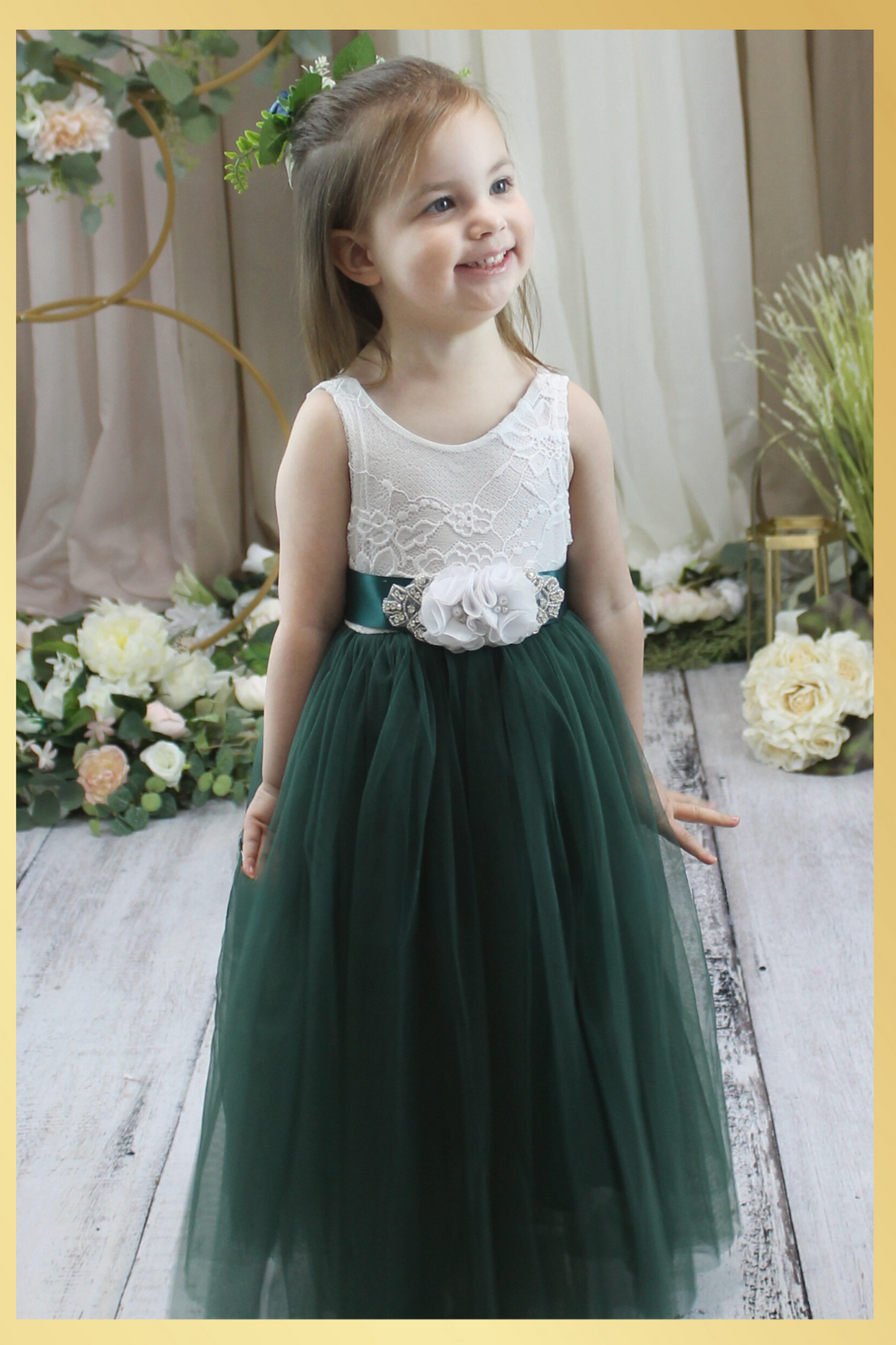 Flower Girl Dress in Hunter Green Tulle Sleeveless Bohemian Style