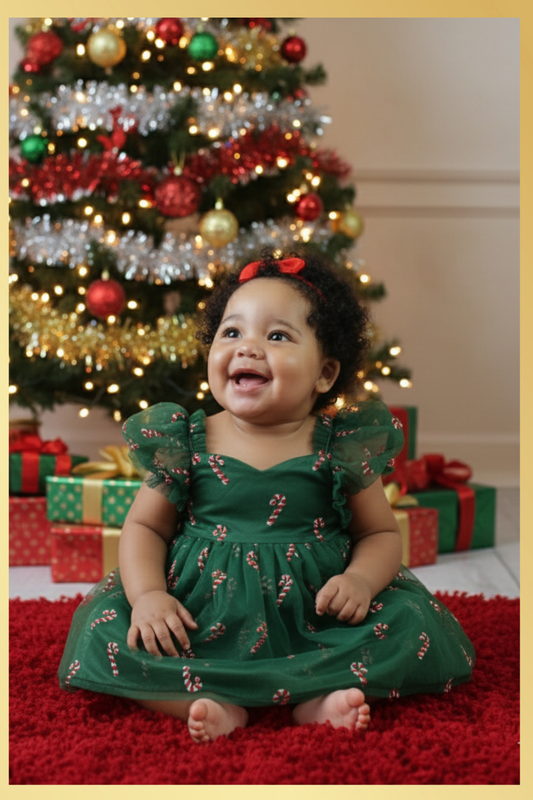 Baby Girl Christmas dress in Green tulle with red and gold candy canes. Shorts Sleeves and knee length style. 