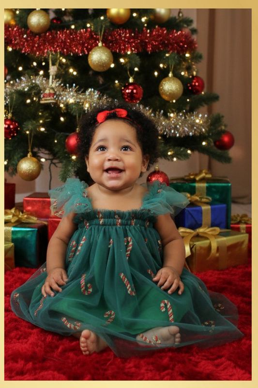 baby girl Christmas dress in green tulle with a candy cane sparkly print. 