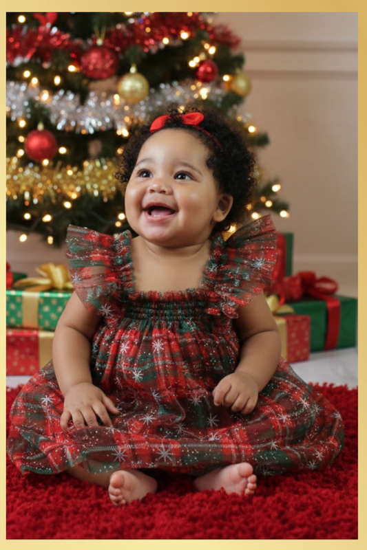 baby girl red and green plaid tulle dress for Christmas and holiday parties. 