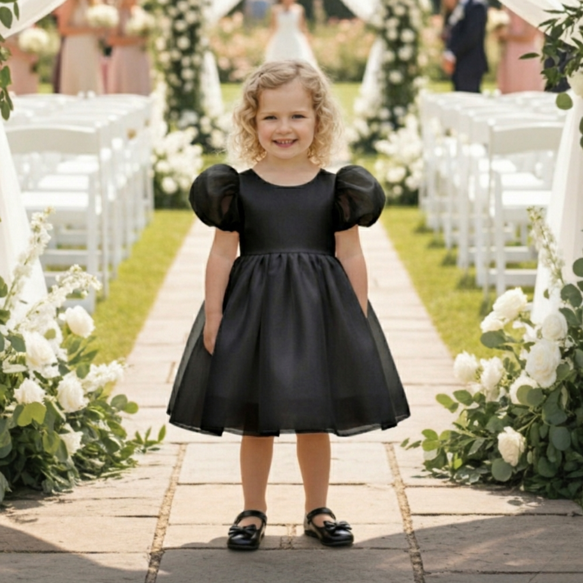 black flower girl dress with puffy sleeves and big bow. Knee length and v back with short sleeves. 