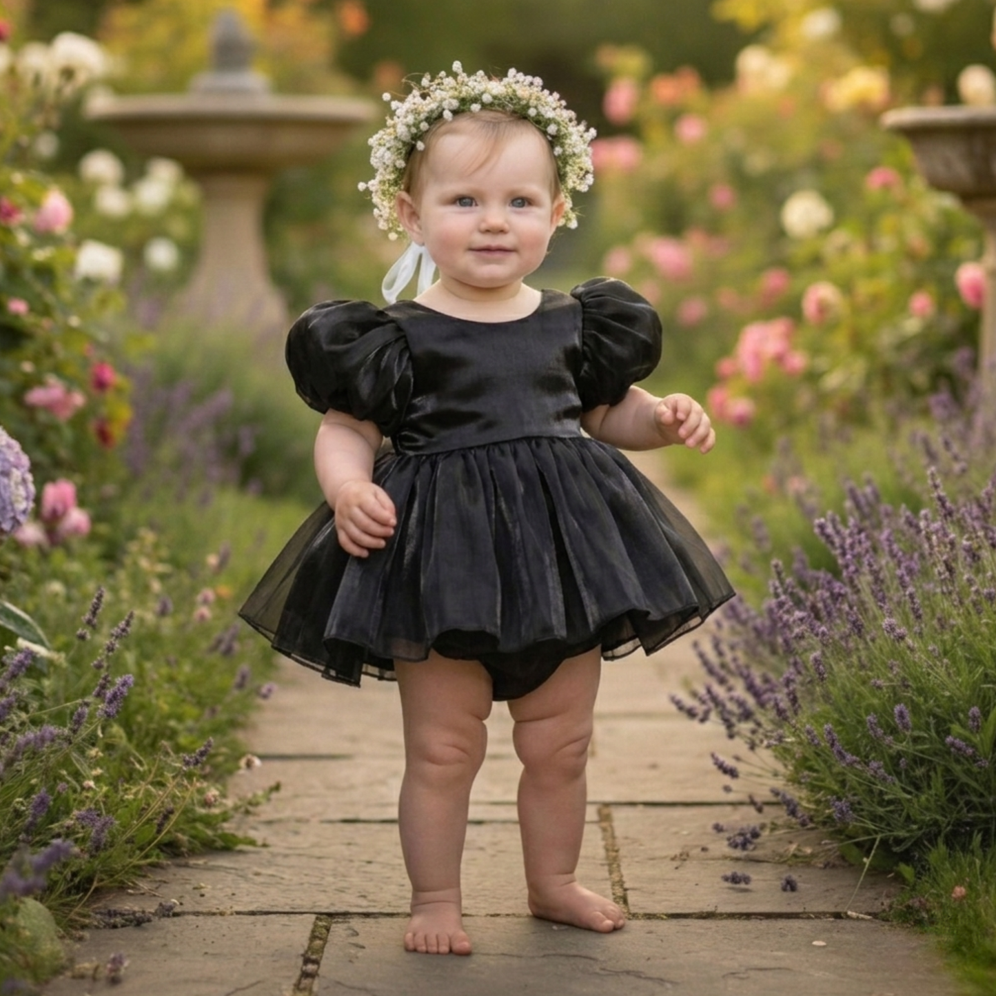 black flower girl dress in shiny organza puffy short sleeves with romper style dress. 