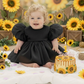 First sunflower  birthday baby girl black dress and romper bodysuit. 