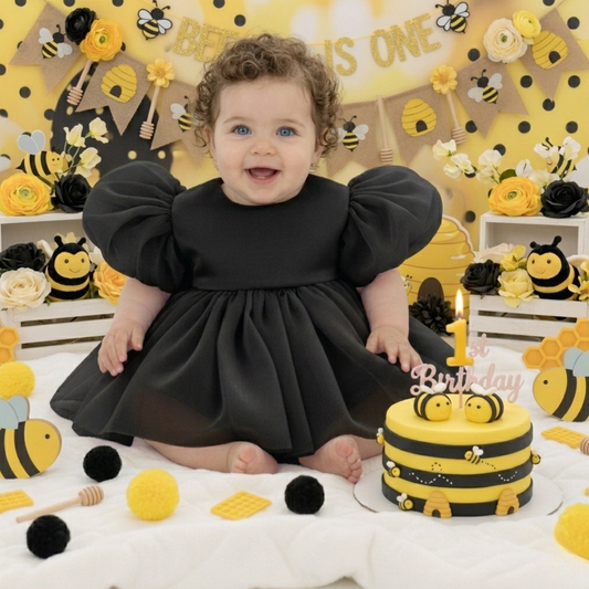 first bee day birthday baby girl black dress or romper bodysuit. 