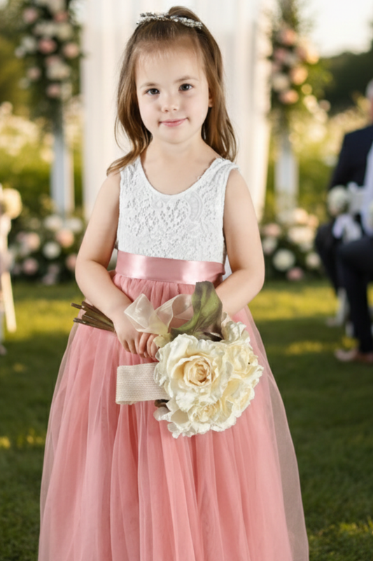 flower girl dress in blush tulle with white sleeveless style. 