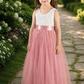 Flower girl dress in dusty rose tulle and white lace sleeveless full length style. 