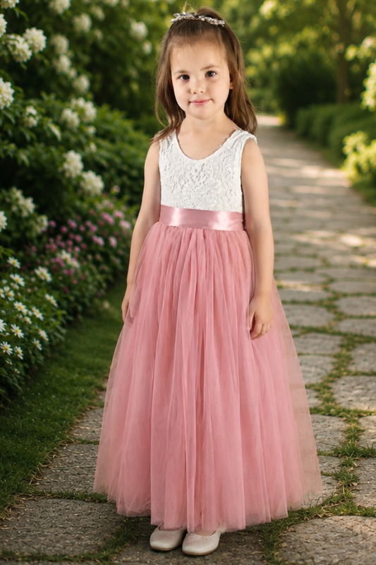 Flower girl dress in dusty rose tulle and white lace sleeveless full length style. 