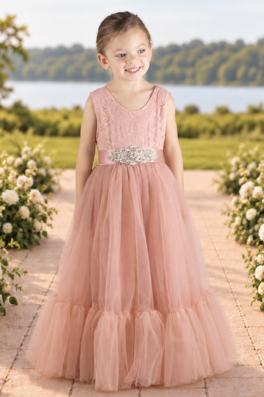 blush flower girl dress in a full mermaid style skirt in sleeveless lace and tulle bottom. 