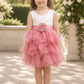 blush flower girl dress in a tiered sleeveless tutu style. In lace and tulle. Knee length toddler flower girl dress. 