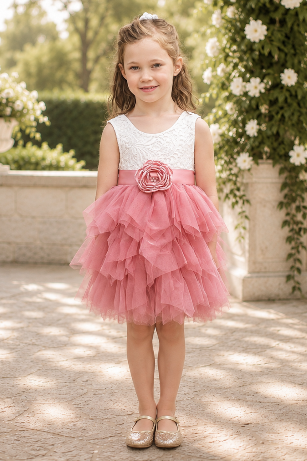 blush flower girl dress in a tiered sleeveless tutu style. In lace and tulle. Knee length toddler flower girl dress. 