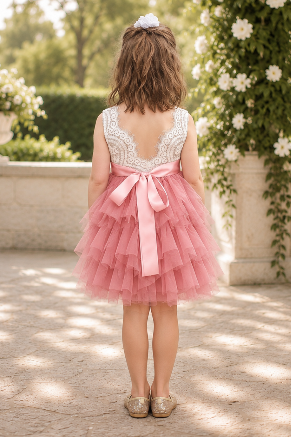 v shaped back of dress in blush flower girl dress in a tiered sleeveless tutu style. In lace and tulle. 