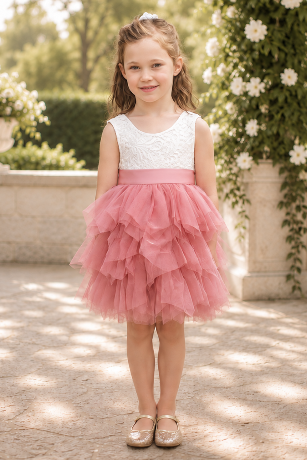 blush flower girl dress in a tiered sleeveless tutu style. In lace and tulle. 