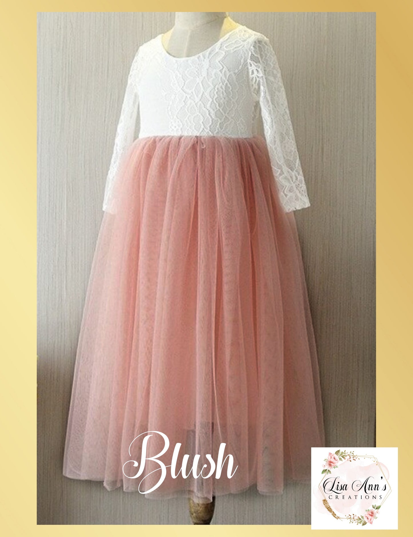 flower girl dress blush tulle with white long sleeve lace