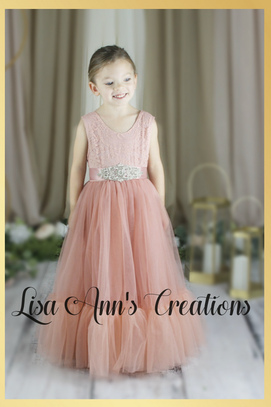 Flower girl dress in a mermaid style in blush tulle and lace
