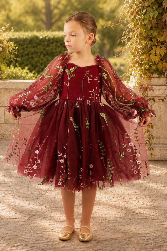 Flower girl dress in embroidered burgundy floral with tulle long sleeves and knee length style dress. Perfect for fall weddings.  