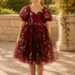 Wildflower flower girl dress in a fall burgundy embroidered floral tulle , knee length style and big puffy short sleeves 