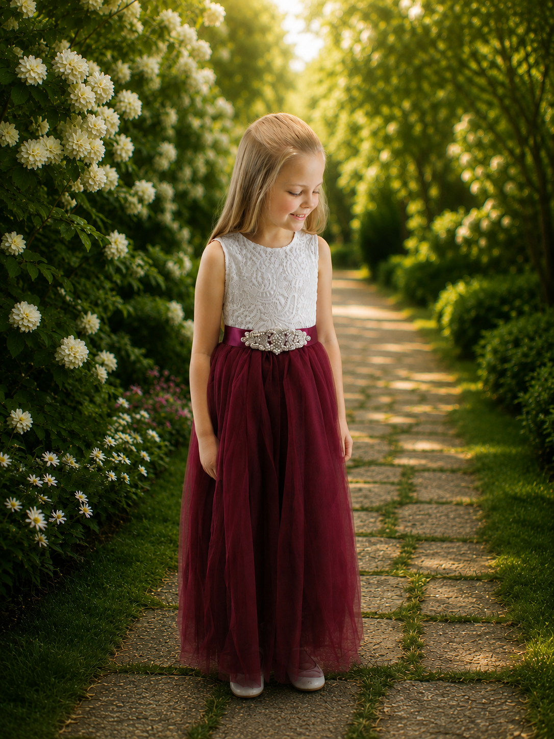 Flower girl dress in burgundy tulle and white lace sleeveless style. 