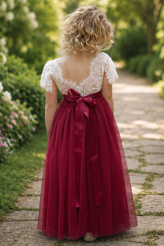 burgundy flower girl dress in tulle and lace short sleeves and full ankle length style. 