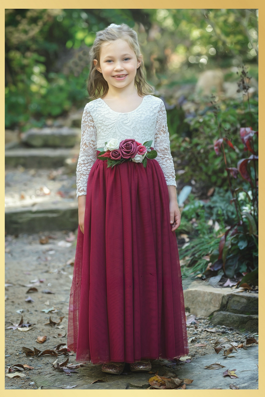 FLower Girl dress in burgundy tulle long sleeves in white lace