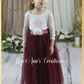 Flower girl dress in burgundy tulle and white lace long sleeves