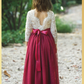 flower girl dress in burgundy tulle and white lace. 