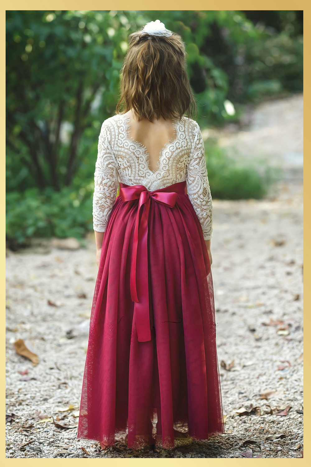 flower girl dress in burgundy tulle and white lace. 