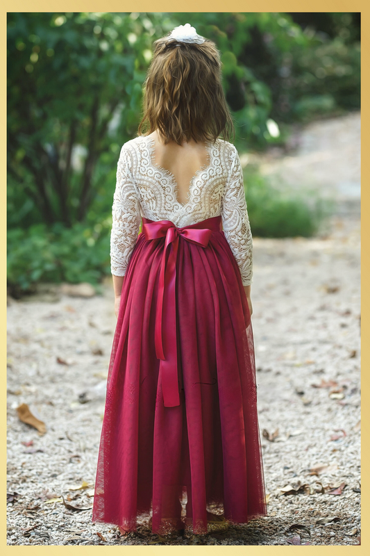 flower girl dress in burgundy tulle and white lace. 