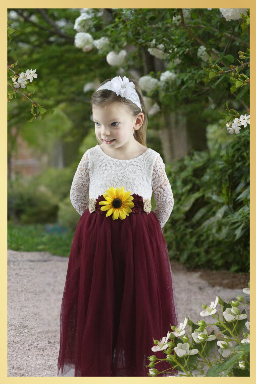 flower girl dress in burgundy tulle and white lace