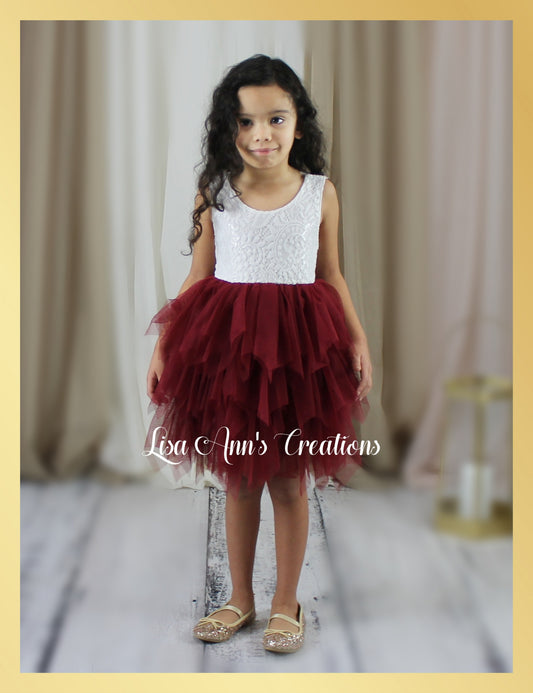 Flower girl dress in a tutu style burgundy tulle