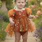 Burnt orange floral baby dress with embroidered flowers and layered tulle skirt