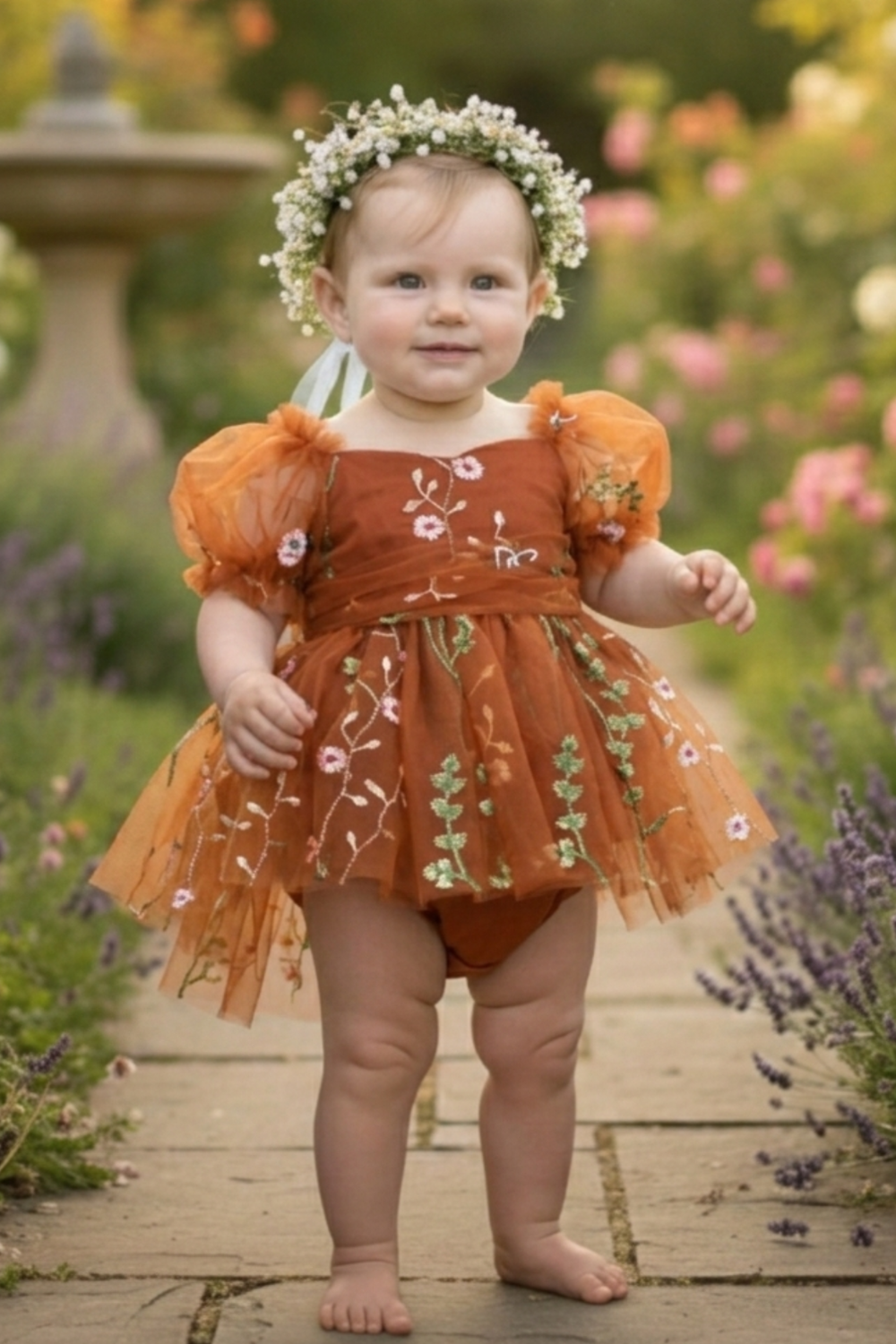 Burnt orange floral baby dress with embroidered flowers and layered tulle skirt
