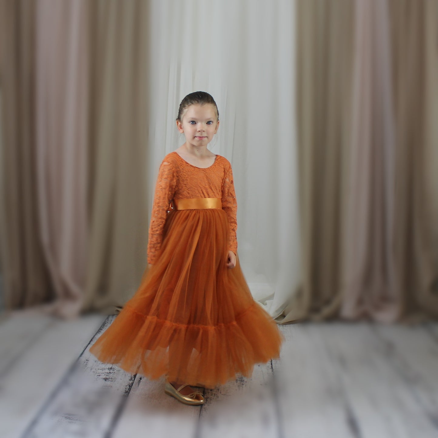 Flower Girl Dress in Burnt Orange Tulle and Lace