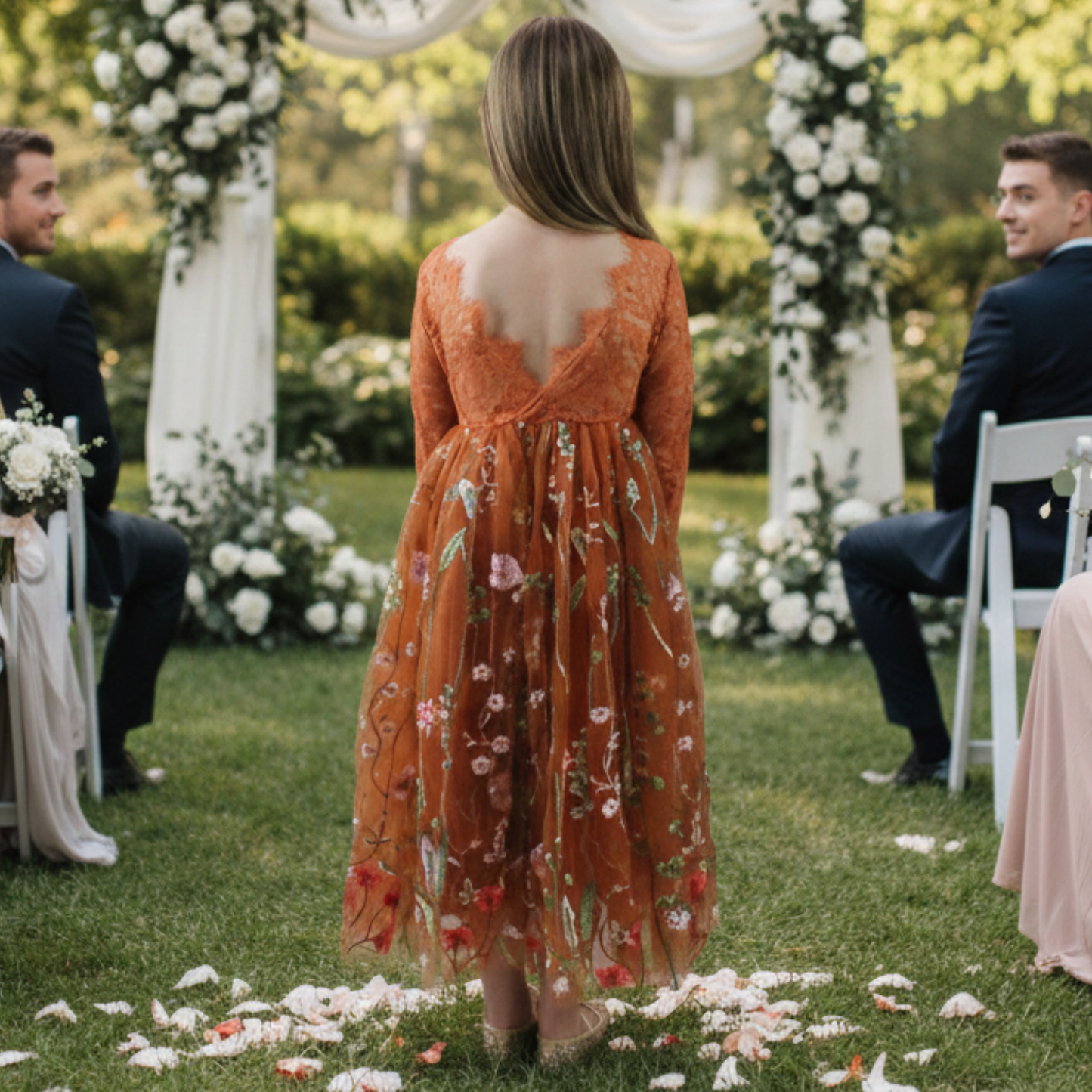 Floral Flower Girl Dress in Burnt Orange Long Sleeves lace and tulle